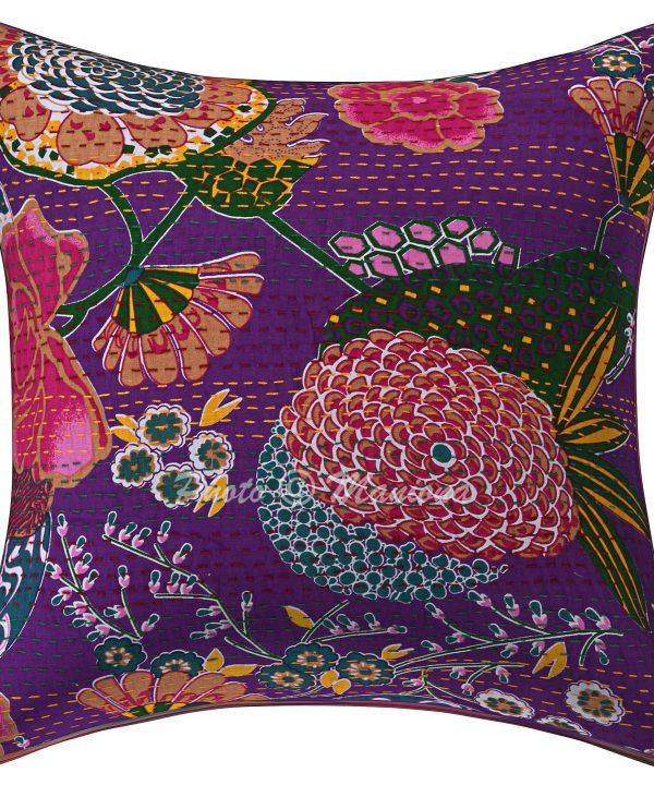 Alternative view of Set of 2 - Purple Floral and Fruit Kantha Cushion Cover - 16 Inch