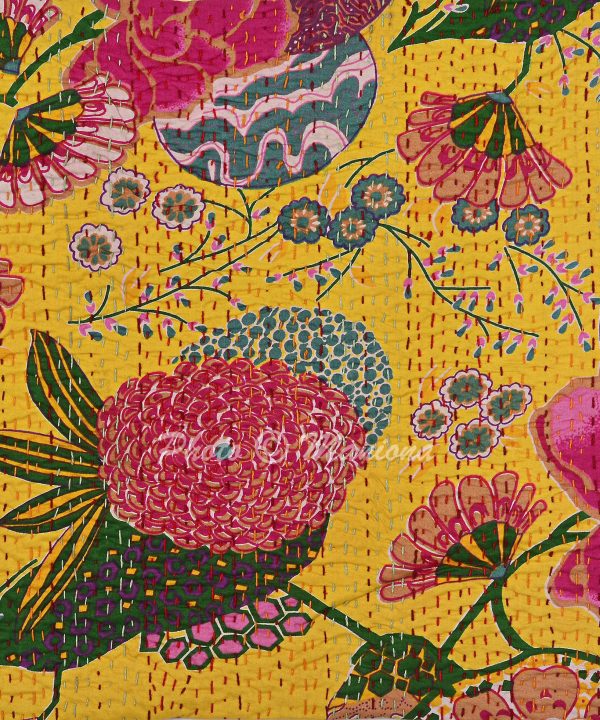 Alternative view of Mustard Yellow Floral and Fruit Kantha Cushion Cover - 16 Inch