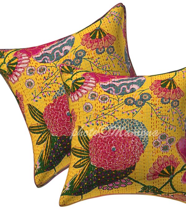 Set of 2 - Mustard Yellow Floral and Fruit Kantha Cushion Cover - 16 Inch