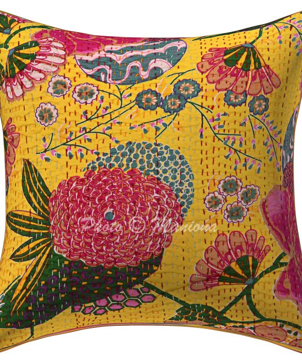 Alternative view of Set of 2 - Mustard Yellow Floral and Fruit Kantha Cushion Cover - 16 Inch