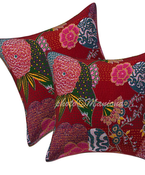 Set of 2 - Dark Red Floral and Fruit Kantha Cushion Cover - 16 Inch
