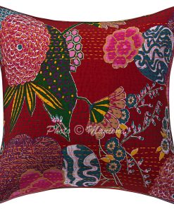 Alternative view of Set of 2 - Dark Red Floral and Fruit Kantha Cushion Cover - 16 Inch