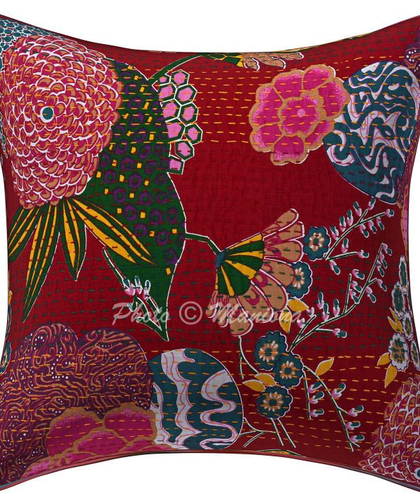 Alternative view of Set of 2 - Dark Red Floral and Fruit Kantha Cushion Cover - 16 Inch