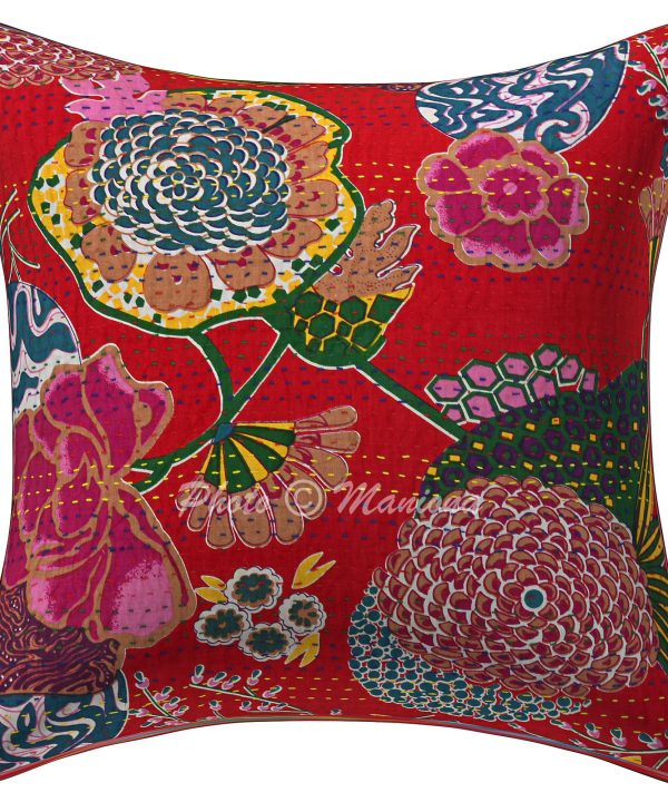 Red Floral and Fruit Kantha Cushion Cover -16 Inch