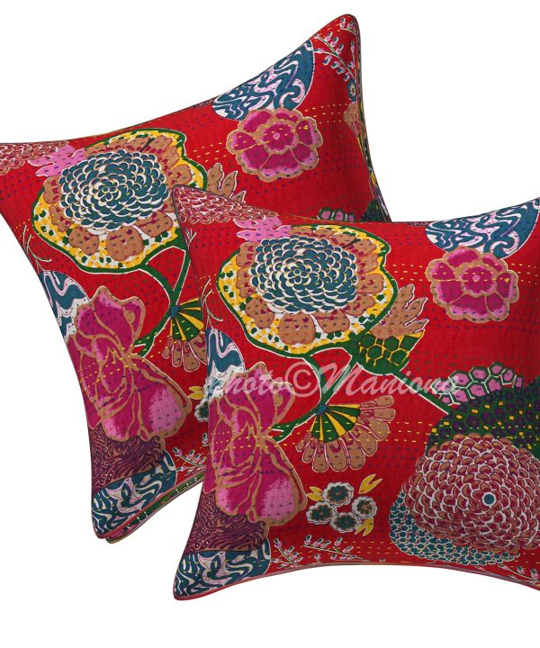 Set of 2 - Red Floral and Fruit Kantha Cushion Cover -16 Inch