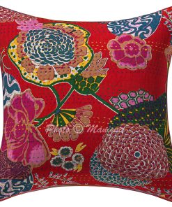 Alternative view of Set of 2 - Red Floral and Fruit Kantha Cushion Cover -16 Inch