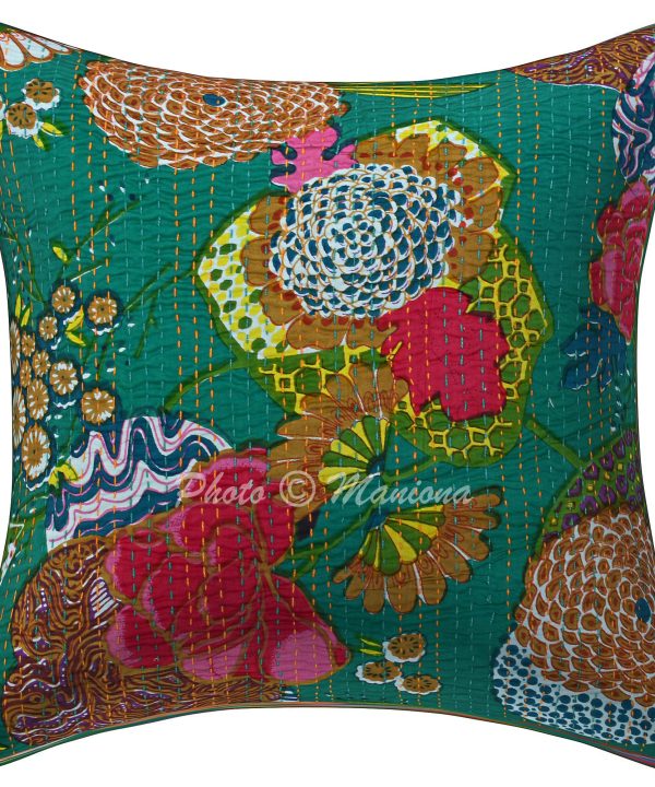 Teal Green Floral and Fruit Kantha Cushion Cover -16 Inch