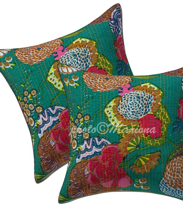 Set of 2 - Teal Green Floral and Fruit Kantha Cushion Cover -16 Inch