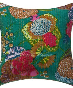 Alternative view of Set of 2 - Teal Green Floral and Fruit Kantha Cushion Cover -16 Inch
