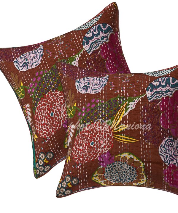 Set of 2 - Brown Floral and Fruit Kantha Cushion Cover - 16 Inch