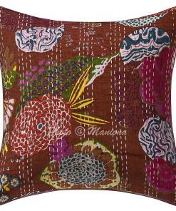 Alternative view of Set of 2 - Brown Floral and Fruit Kantha Cushion Cover - 16 Inch