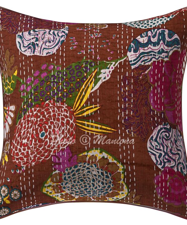 Alternative view of Set of 2 - Brown Floral and Fruit Kantha Cushion Cover - 16 Inch