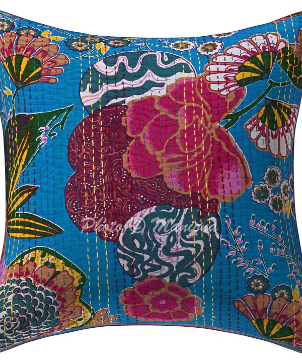 Light Blue Floral and Fruit Kantha Cushion Cover -16 Inch