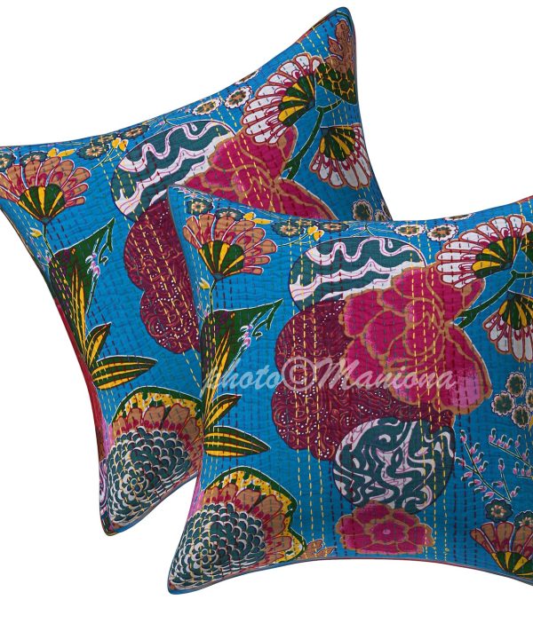 Set of 2 - Light Blue Floral and Fruit Kantha Cushion Cover -16 Inch