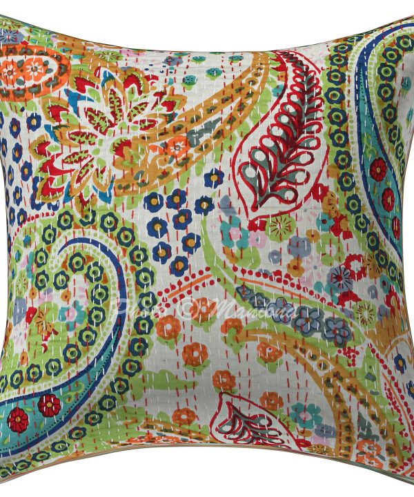 White Paisley Kantha Cushion Cover - 16 Inch