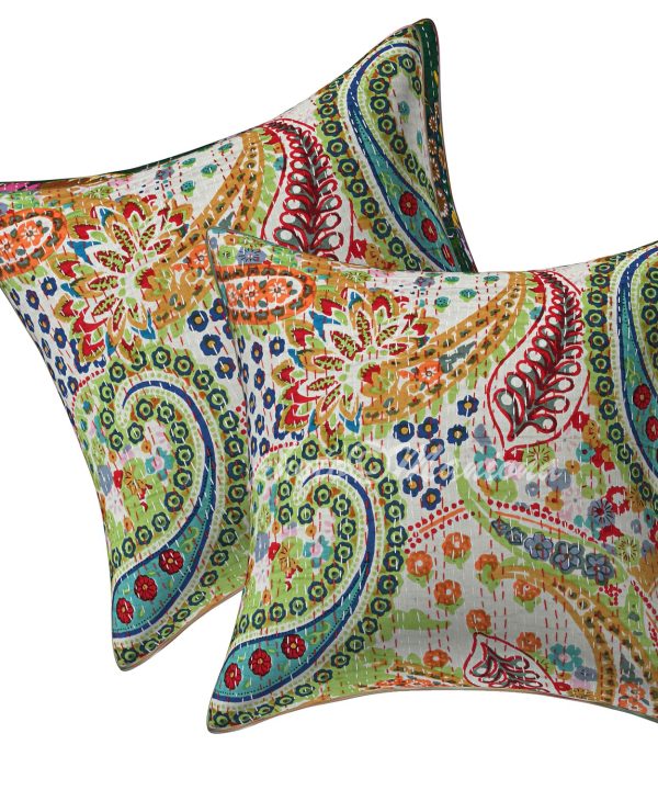 Set of 2 - White Paisley Kantha Cushion Cover - 16 Inch