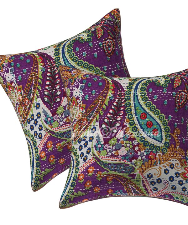 Set of 2 - Purple Paisley Kantha Cushion Cover - 16 Inch