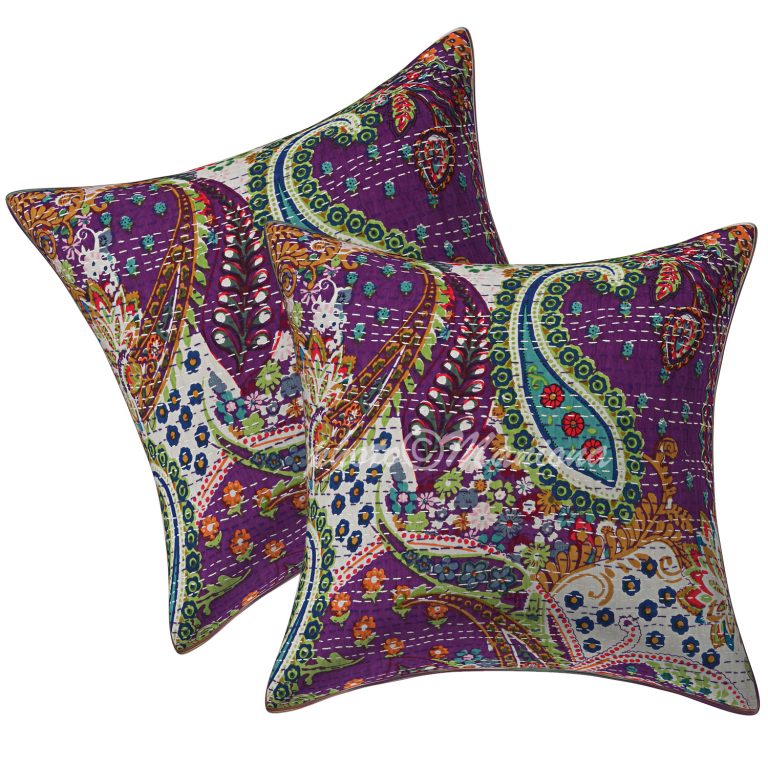 Set of 2 Purple Paisley Kantha Cushion Cover 16 Inch Vintage