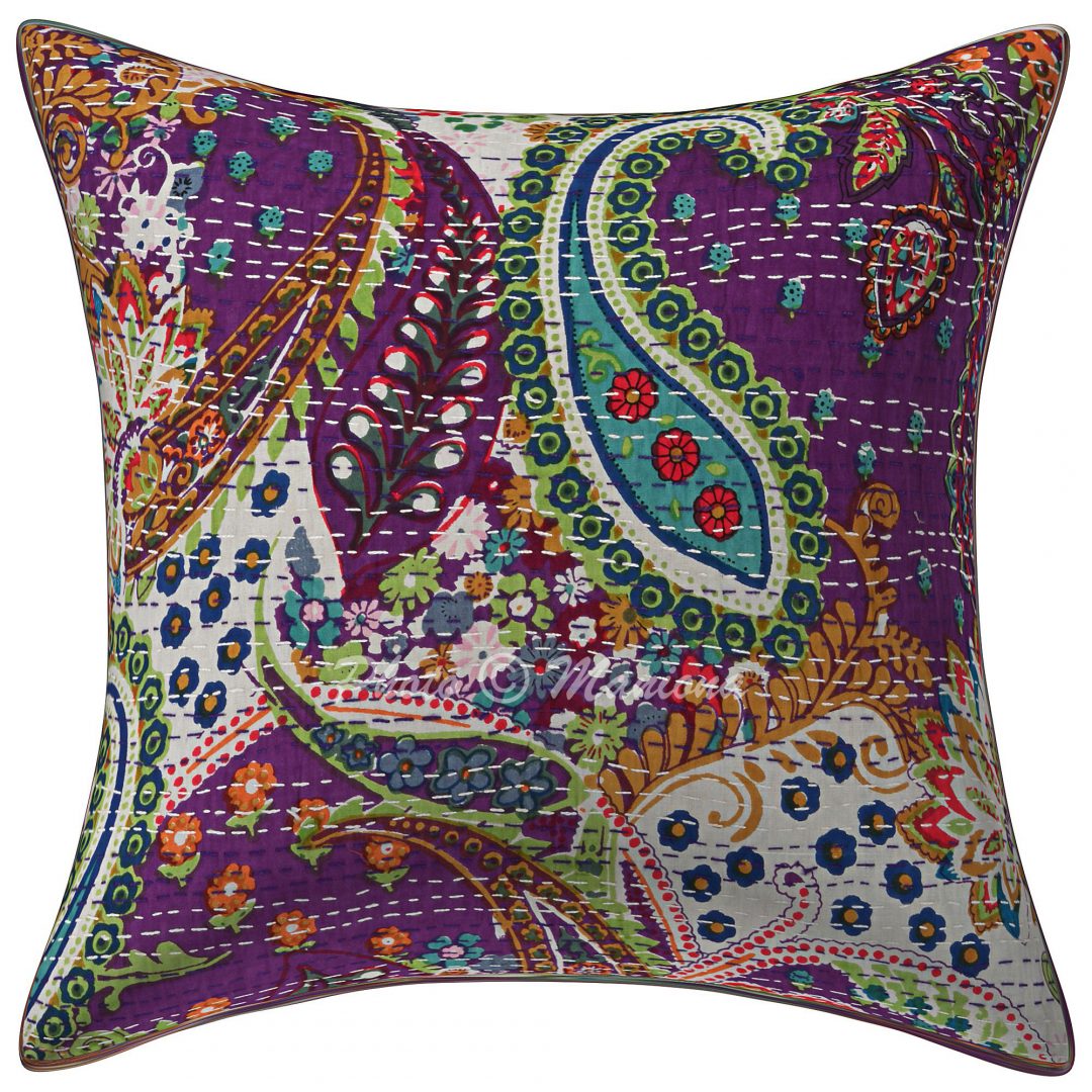 Set of 2 Purple Paisley Kantha Cushion Cover 16 Inch Vintage