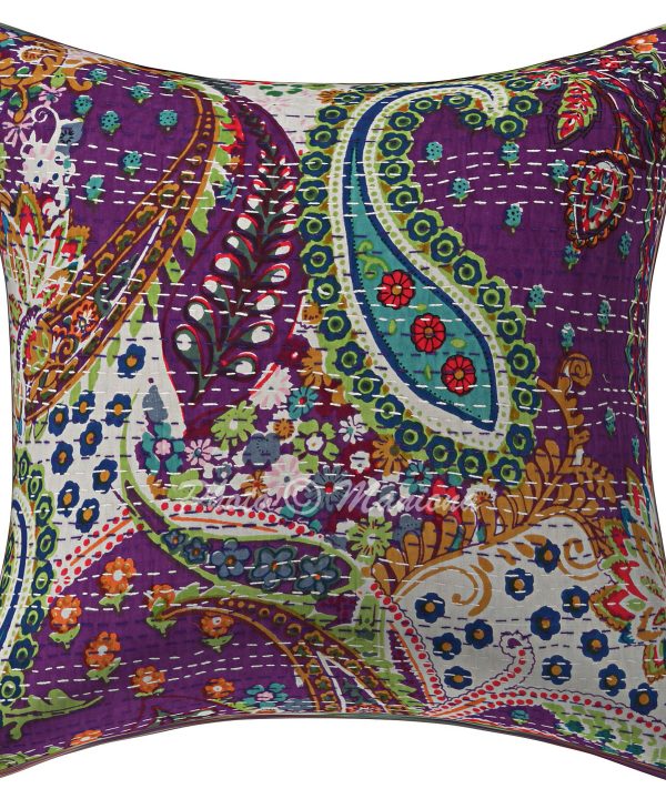 Alternative view of Set of 2 - Purple Paisley Kantha Cushion Cover - 16 Inch