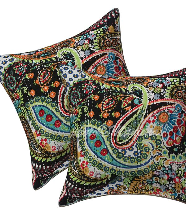 Set of 2 - Black Paisley Kantha Cushion Cover - 16 Inch