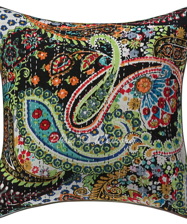 Alternative view of Set of 2 - Black Paisley Kantha Cushion Cover - 16 Inch