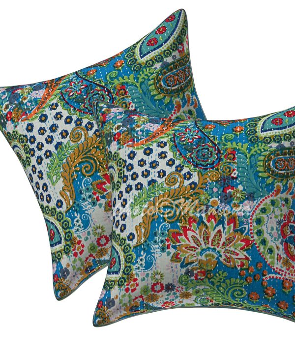 Set of 2 - Turquoise Paisley Kantha Cushion Cover - 16 Inch