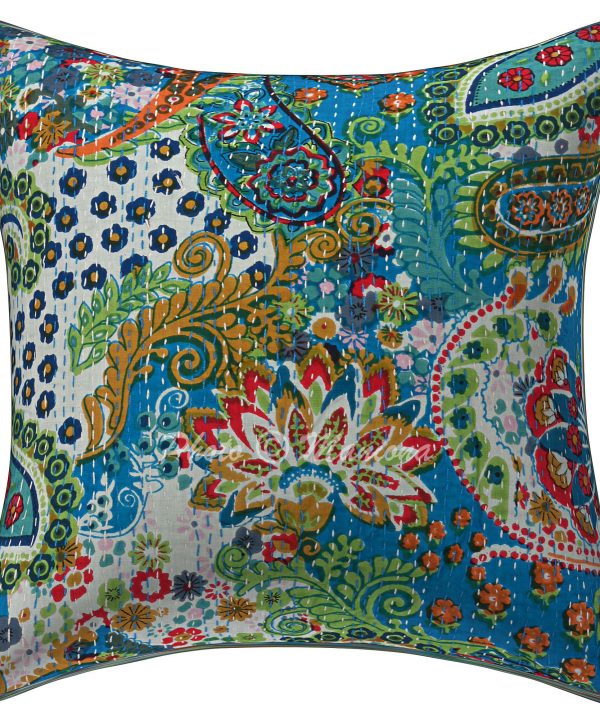 Alternative view of Set of 2 - Turquoise Paisley Kantha Cushion Cover - 16 Inch