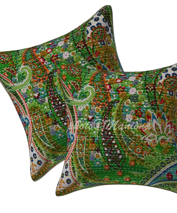 Set of 2 - Green Paisley Kantha Cushion Cover - 16 Inch