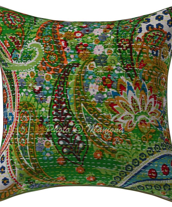 Alternative view of Set of 2 - Green Paisley Kantha Cushion Cover - 16 Inch