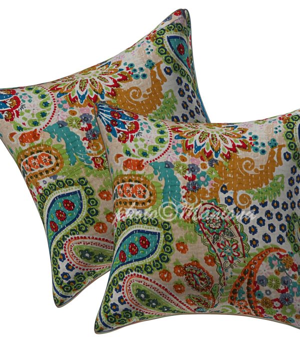 Set of 2 - Off White Paisley Kantha Cushion Cover -16 Inch