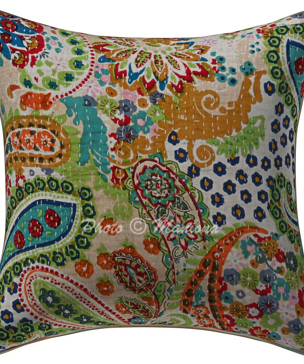 Alternative view of Set of 2 - Off White Paisley Kantha Cushion Cover -16 Inch