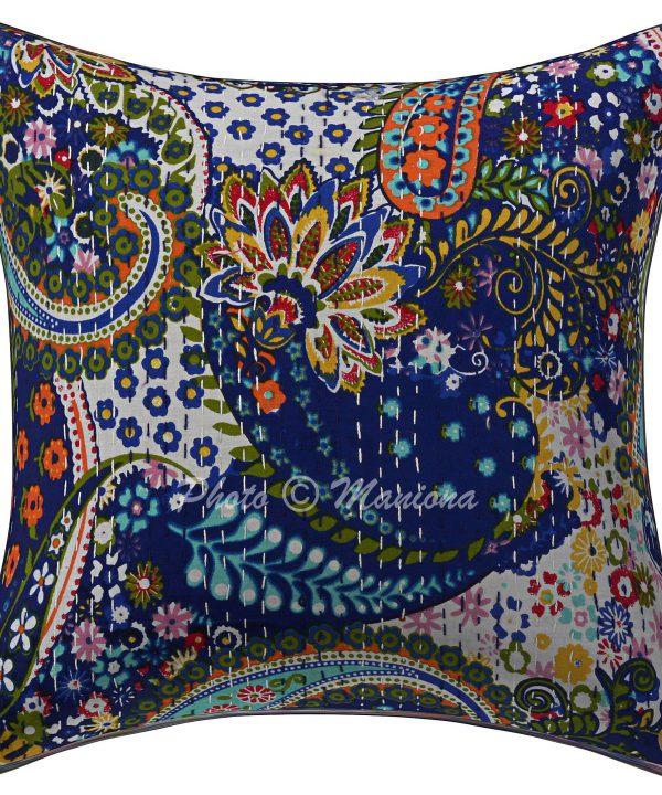 Dark Blue Paisley Kantha Cushion Cover -16 Inch