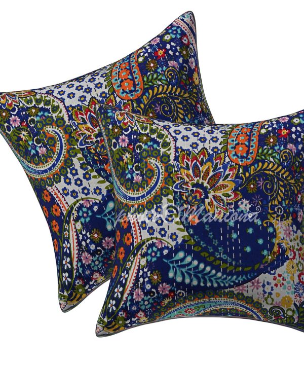 Set of 2 - Dark Blue Paisley Kantha Cushion Cover -16 Inch