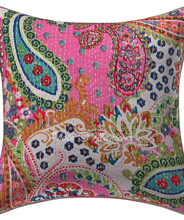 Pink Paisley Kantha Cushion Cover -16 Inch