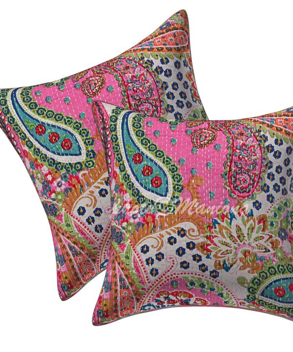 Set of 2 - Pink Paisley Kantha Cushion Cover -16 Inch