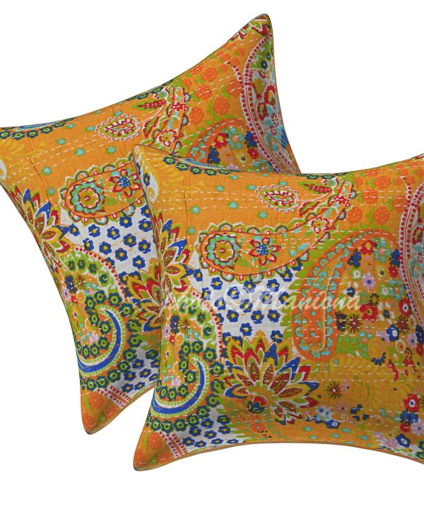 Set of 2 - Yellow Paisley Kantha Cushion Cover -16 Inch