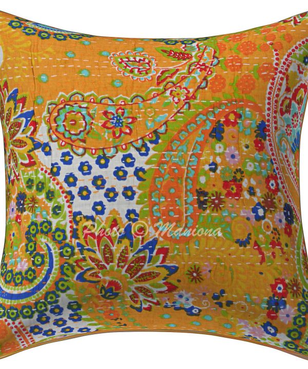Alternative view of Set of 2 - Yellow Paisley Kantha Cushion Cover -16 Inch