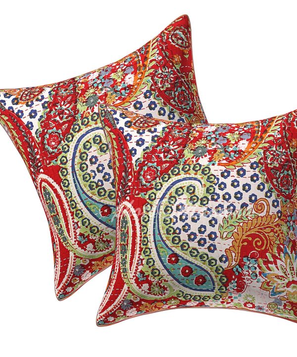 Set of 2 - Orange Paisley Kantha Cushion Cover -16 Inch