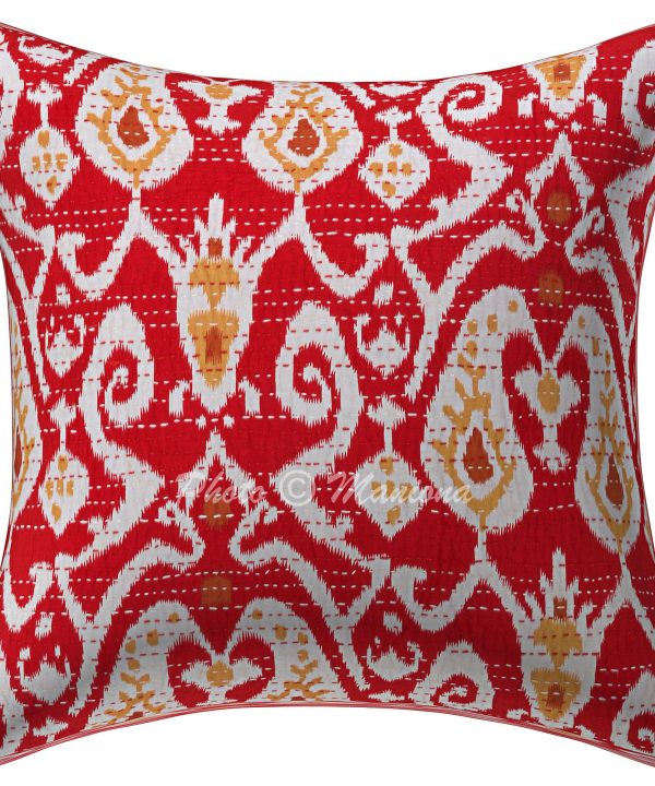 Dark Red Paisley Ikat Print Kantha Cushion Cover -16 Inch