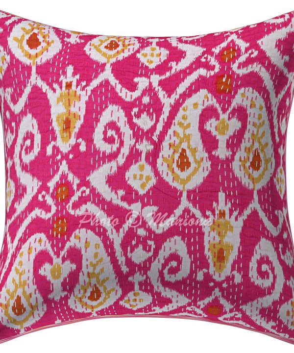 Pink Paisley Ikat Print Kantha Cushion Cover -16 Inch
