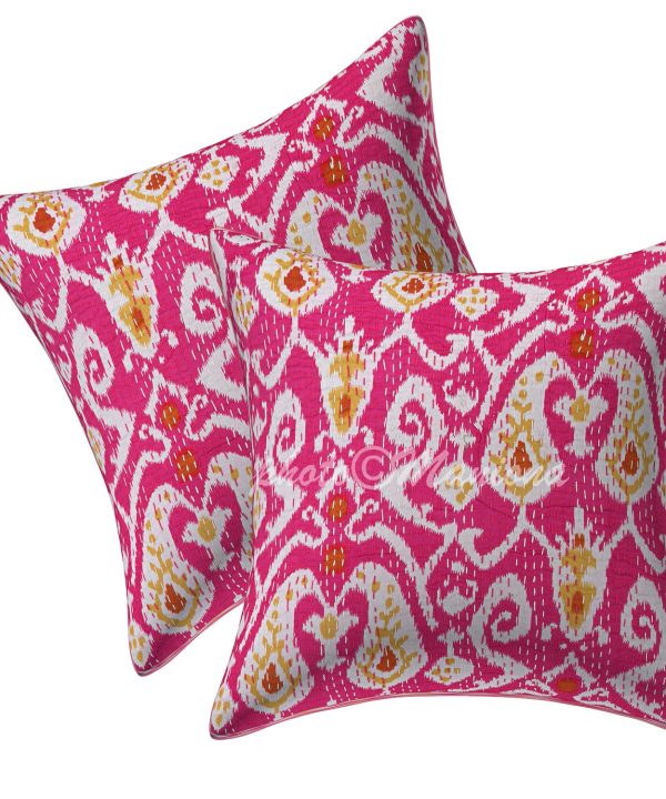 Set of 2 - Pink Paisley Ikat Print Kantha Cushion Cover -16 Inch