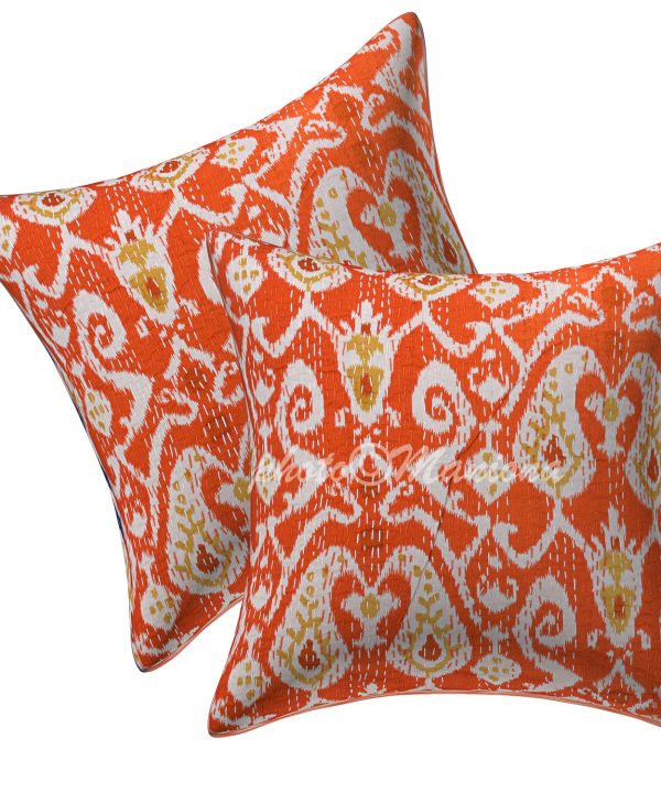 Set of 2 - Orange Paisley Ikat Print Kantha Cushion Cover -16 Inch