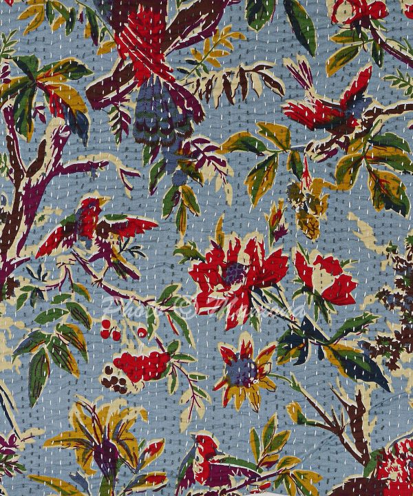 Alternative view of Blue Bird Print Kantha Cushion Cover -16 Inch