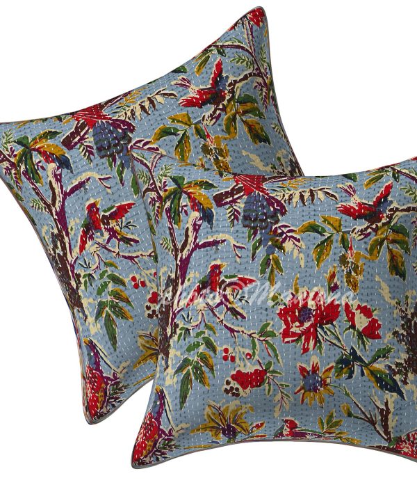 Set of 2 - Blue Bird Print Kantha Cushion Cover -16 Inch
