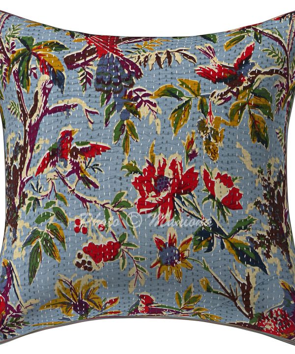 Alternative view of Set of 2 - Blue Bird Print Kantha Cushion Cover -16 Inch