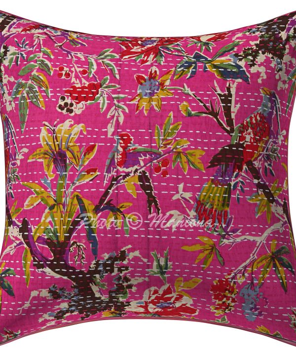 Pink Bird Print Kantha Cushion Cover -16 Inch