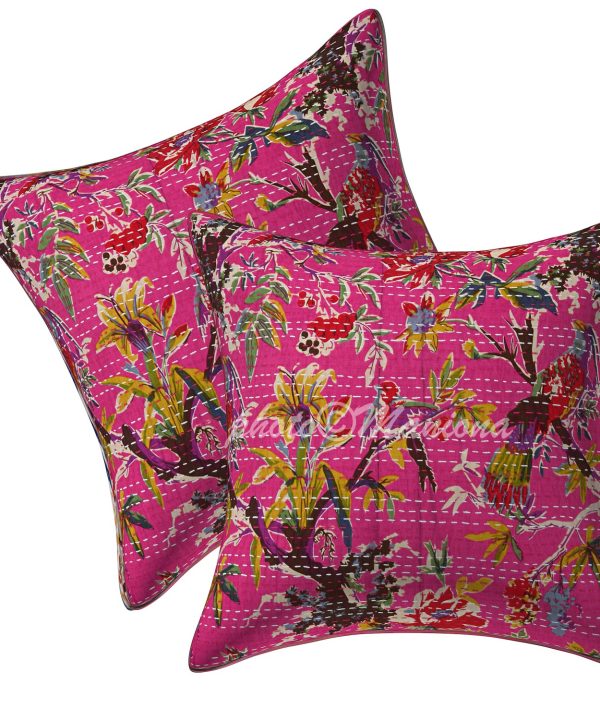 Set of 2 - Pink Bird Print Kantha Cushion Cover -16 Inch
