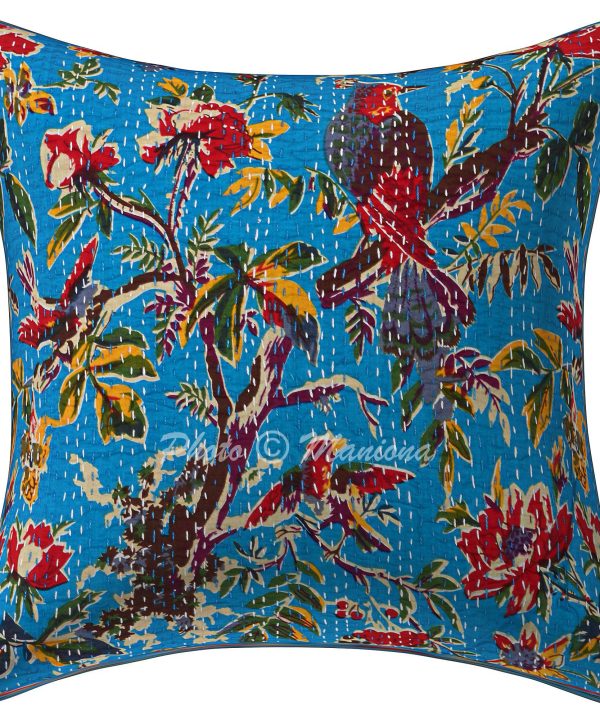 Turquoise Bird Print Kantha Cushion Cover -16 Inch