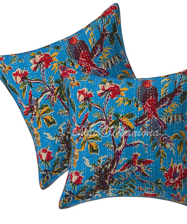 Set of 2 - Turquoise Bird Print Kantha Cushion Cover -16 Inch